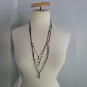 Layered Silver and Gold Necklace with Turquoise Pendant